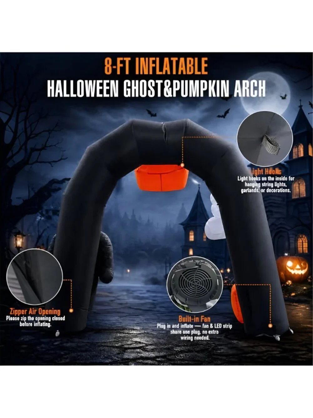 8FT Halloween Inflatable Archway with Pumpkin & Ghost, Built-in LED